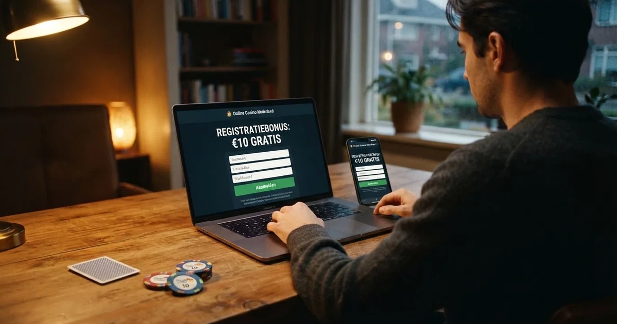 Een smartphone en laptop tonen de registratiepagina van een Nederlands online casino met een no-deposit bonusaanbod, met een speelkaart en fiches op de achtergrond