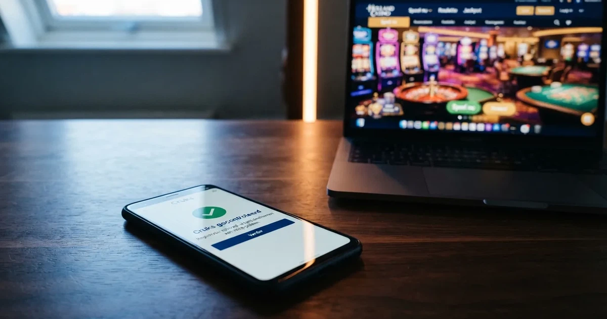 Een telefoonscherm met de Cruks-registratiepagina en een casinosite op de achtergrond, verdeeld door een scheidingslijn