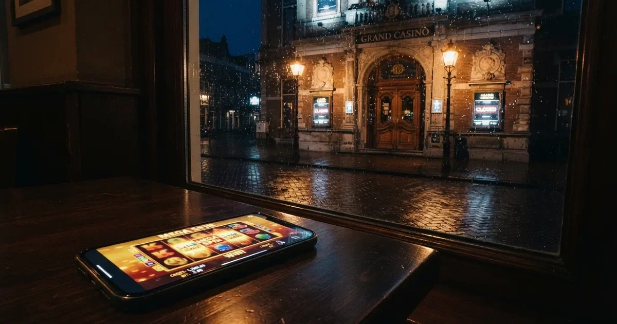 Een smartphone met een open online casino naast een donker, gesloten fysiek casino met Nederlandse straatverlichting op de achtergrond