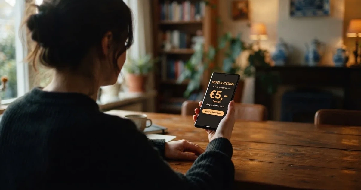 Smartphone met een online casino-bonus van vijf euro zonder storting op het scherm