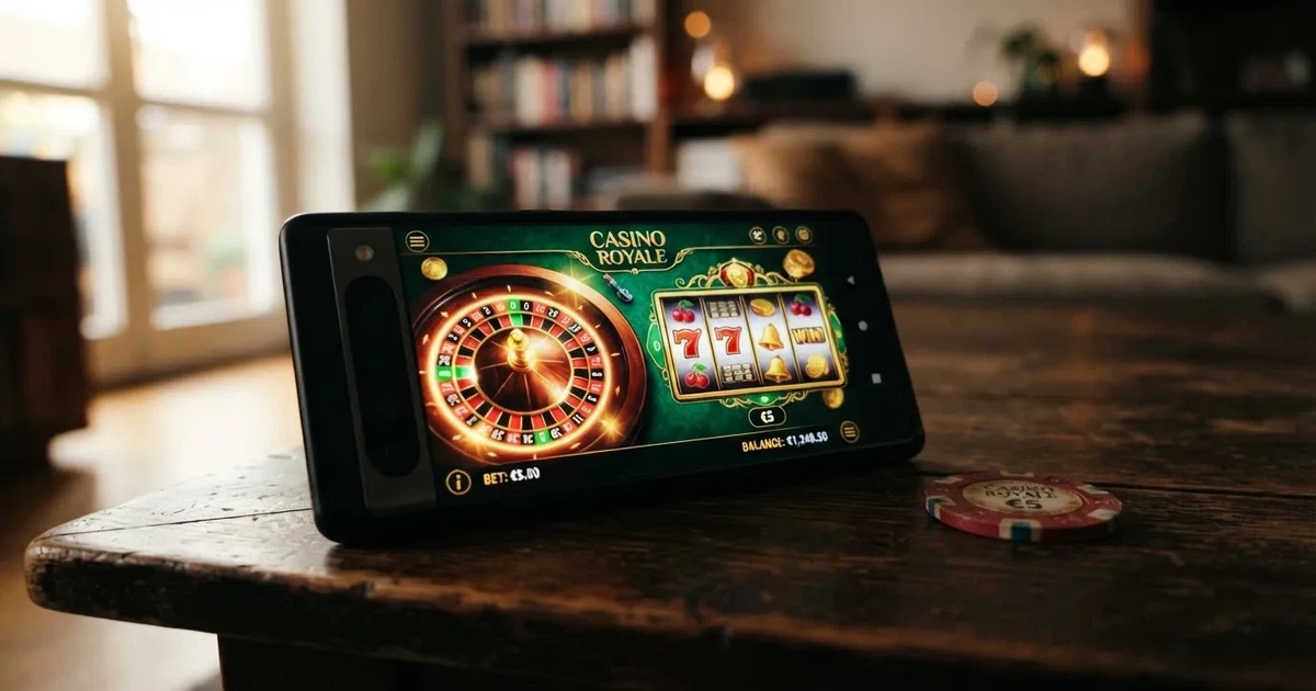 Een Android-telefoon met daarop een geopende casino-app met speeltafels.