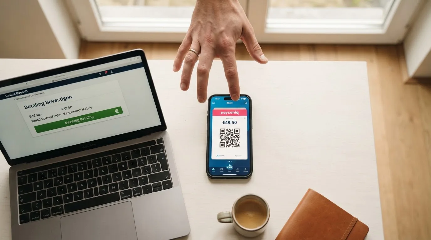Een smartphone met de Bancontact Pay-app open naast een laptopscherm met een casino-stortingspagina en een QR-code in beeld
