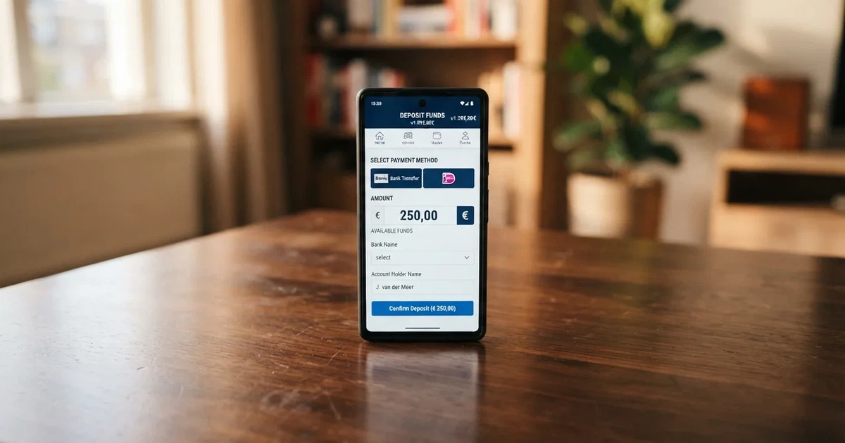 Een smartphone waarop een bankoverschrijving als gekozen stortmethode op de betaalpagina van een online casino staat.