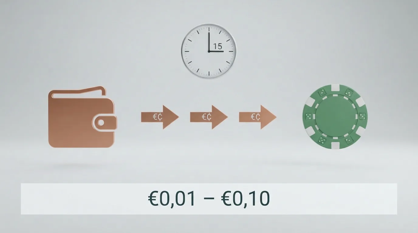 Een vereenvoudigd diagram dat een BCH-transactie van wallet naar casino visualiseert: korte pijlen, lage kosten weergegeven als een klein muntje, een klok met 10–20 minuten.