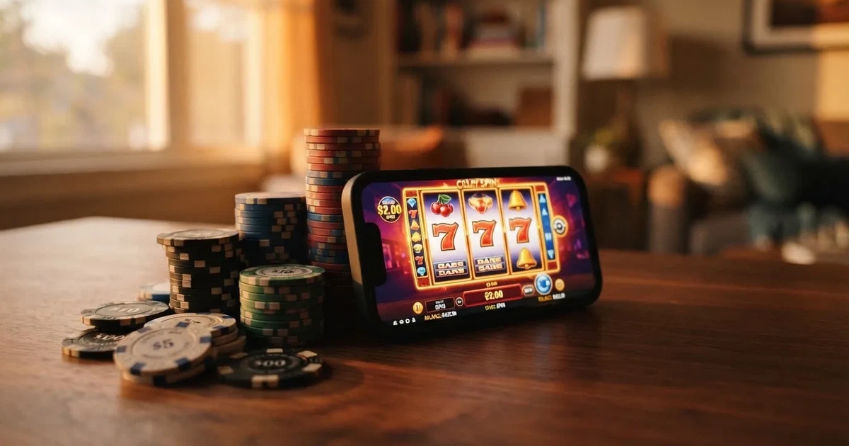 Bitcoinmunten liggen naast een smartphone met een online casinospel op het scherm