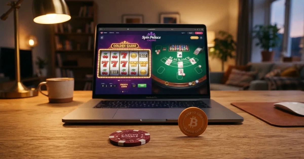 Een laptopscherm met een bitcoin casino-interface, een crypto wallet-icoon en een Bitcoin-symbool op de voorgrond