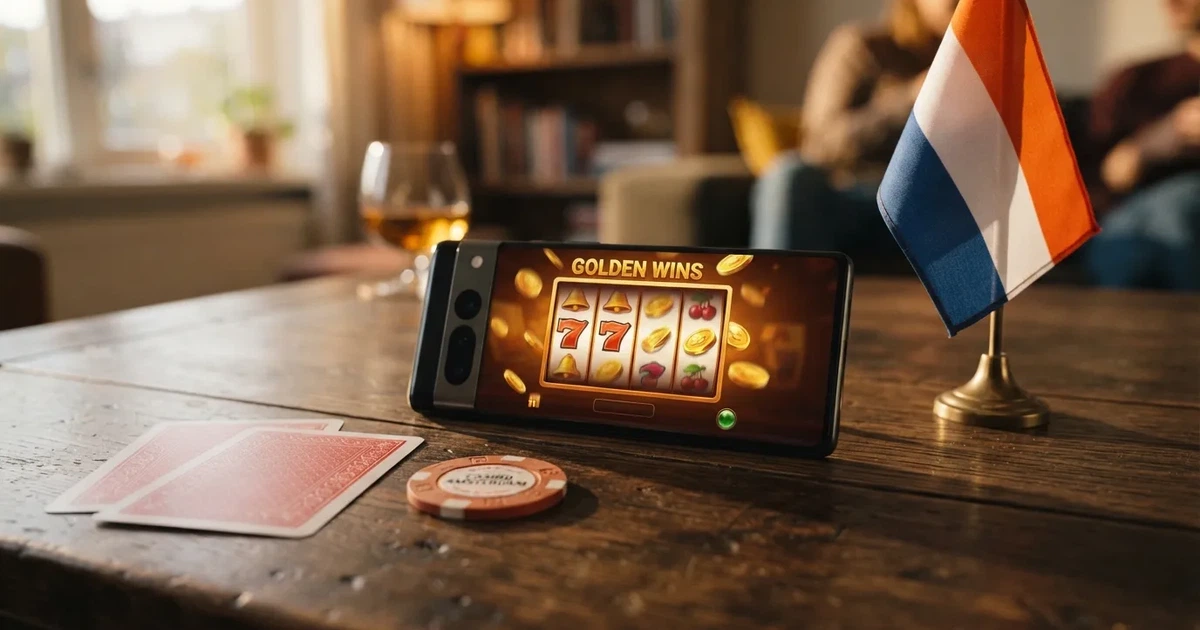 Smartphone met een casinospel op het scherm, naast een Nederlandse vlag en speelkaarten op tafel
