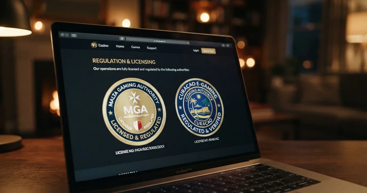 Een schermopname van de licentiesectie van een buitenlands online casino, met MGA- en Curaçao-keurmerken naast elkaar