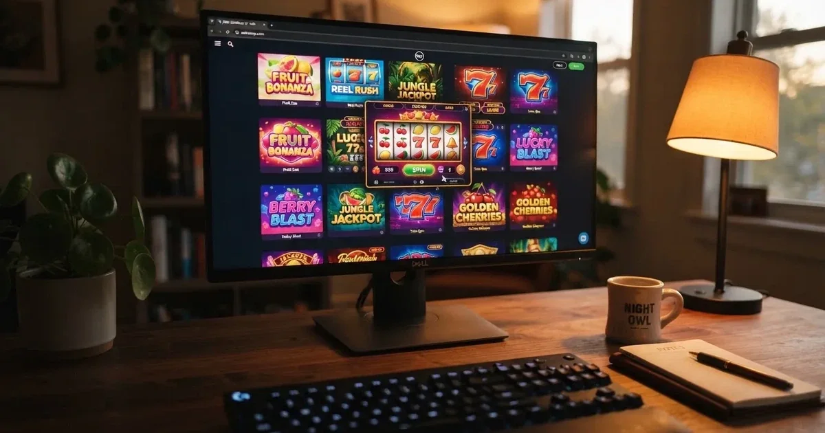 De lobby van een online casino met Amatic-gokkasten op een computerscherm