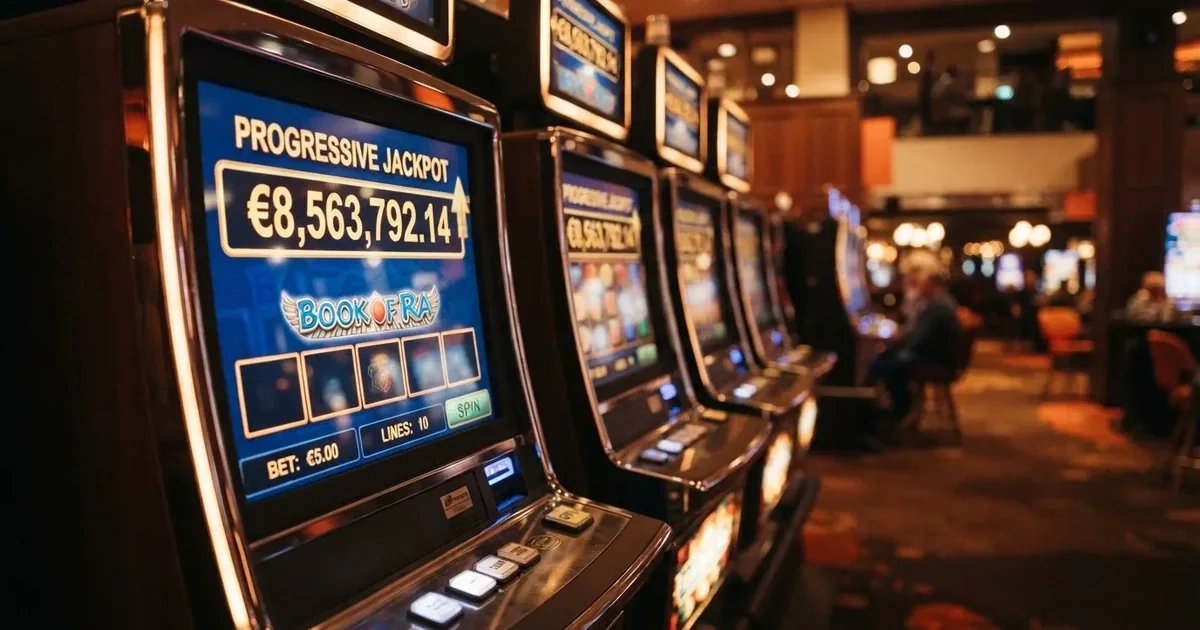 Een rij online gokkasten met oplopende jackpot-waarden op het scherm, met een Nederlandse casino-omgeving op de achtergrond