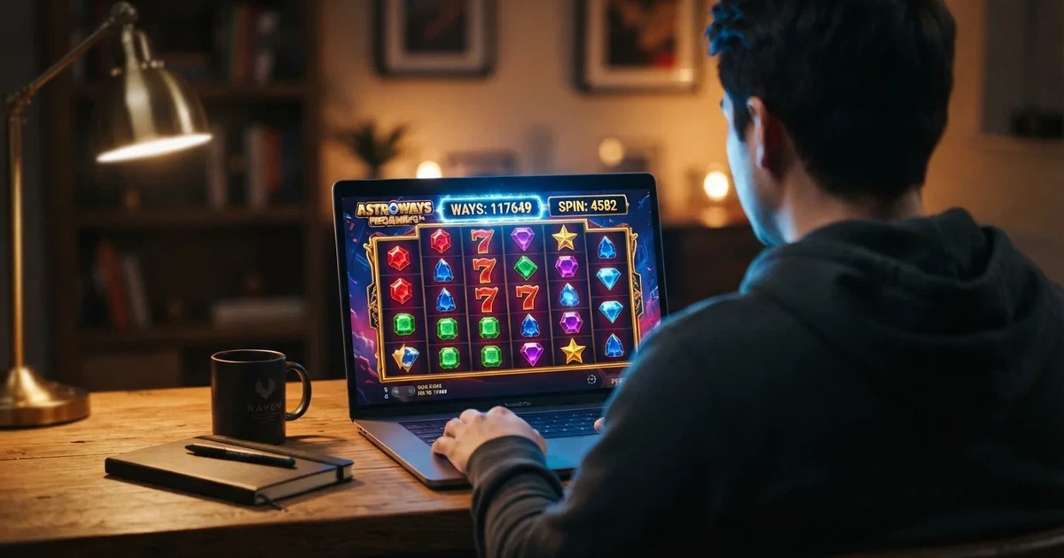 Een rij kleurrijke Megaways-gokkast-rollen met wisselende aantallen symbolen per rol, zoals te zien op het scherm van een online casino