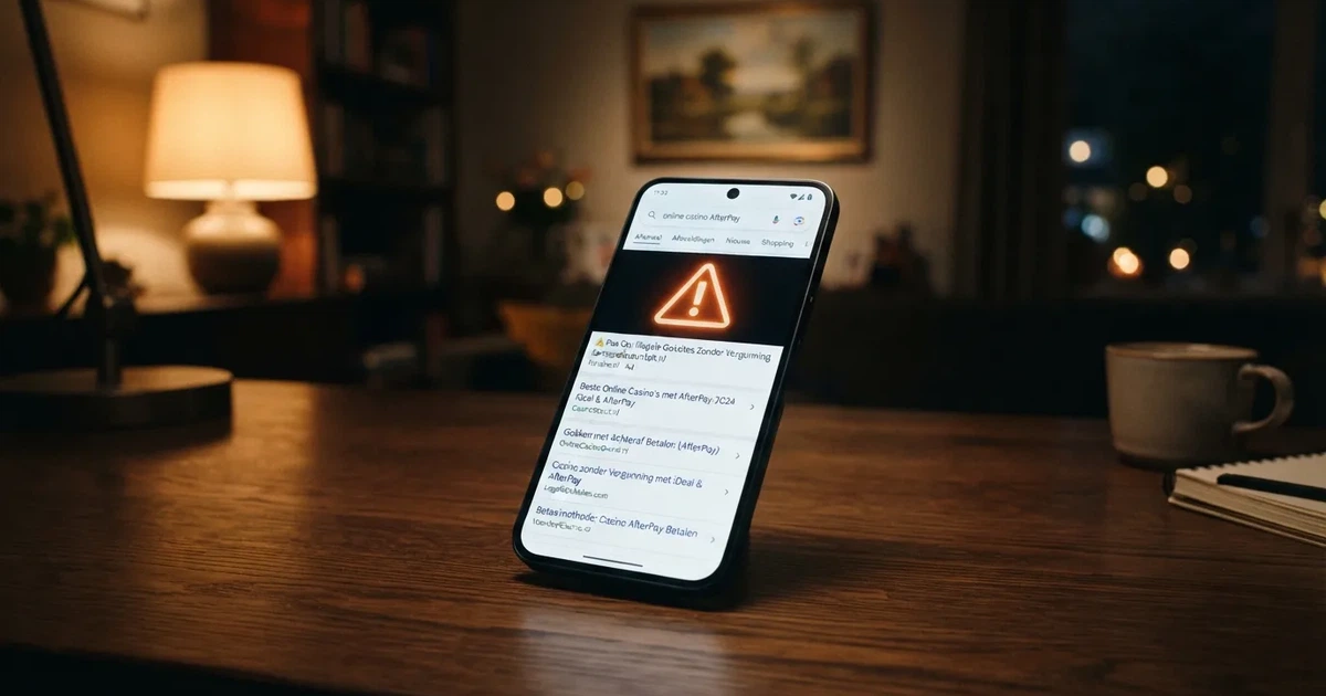 Een smartphone toont zoekresultaten voor “online casino AfterPay” met een waarschuwingsicoon — de meeste resultaten verwijzen naar websites zonder Ksa-vergunning
