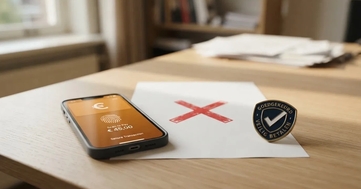 Een iPhone met het Apple Pay-betaalscherm naast het logo van de Kansspelautoriteit, met een rood kruis ertussen dat aangeeft dat de combinatie in Nederland niet bestaat