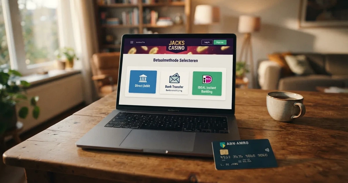 Een Nederlands online casino-betaalscherm met de opties iDEAL, bankoverschrijving en Trustly naast elkaar, op een laptop met een bankpas ernaast
