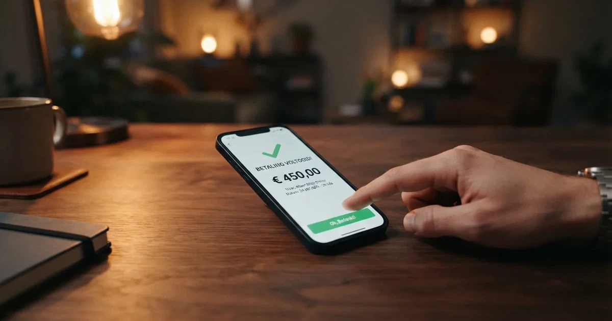 Een smartphone toont een bank-app die een Brite-betaling aan een online casino bevestigt