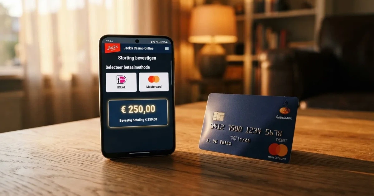 Een smartphone met het scherm van een Nederlands online casino waarop de stortingspagina met Visa- en Mastercard-logo's zichtbaar is, met een creditcard ernaast op tafel