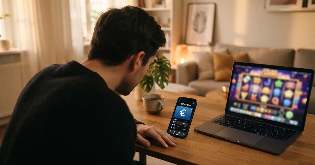 een smartphone en laptop met het ecoPayz-logo op het scherm en een casino-interface op de achtergrond
