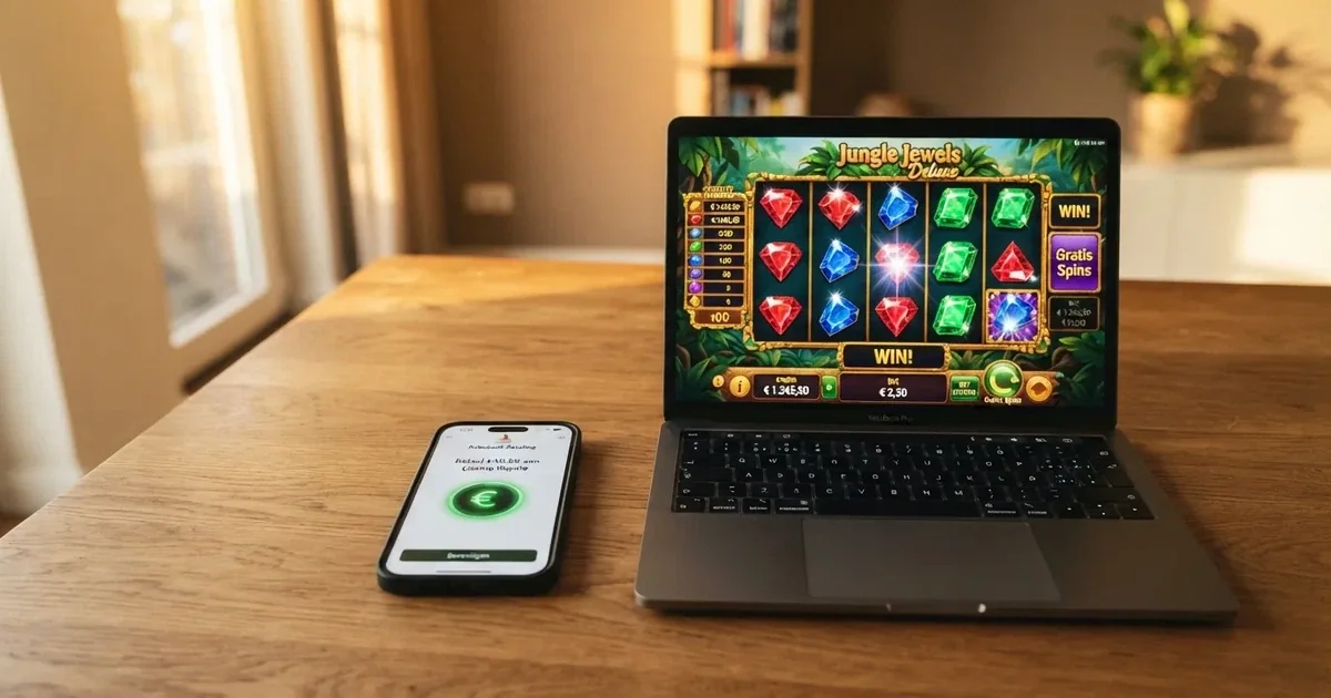 Een smartphone met het Google Pay-betaalscherm naast een op een laptop geopend online casino