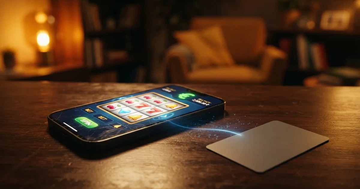 Een smartphone en een betaalpas boven een online casino-interface