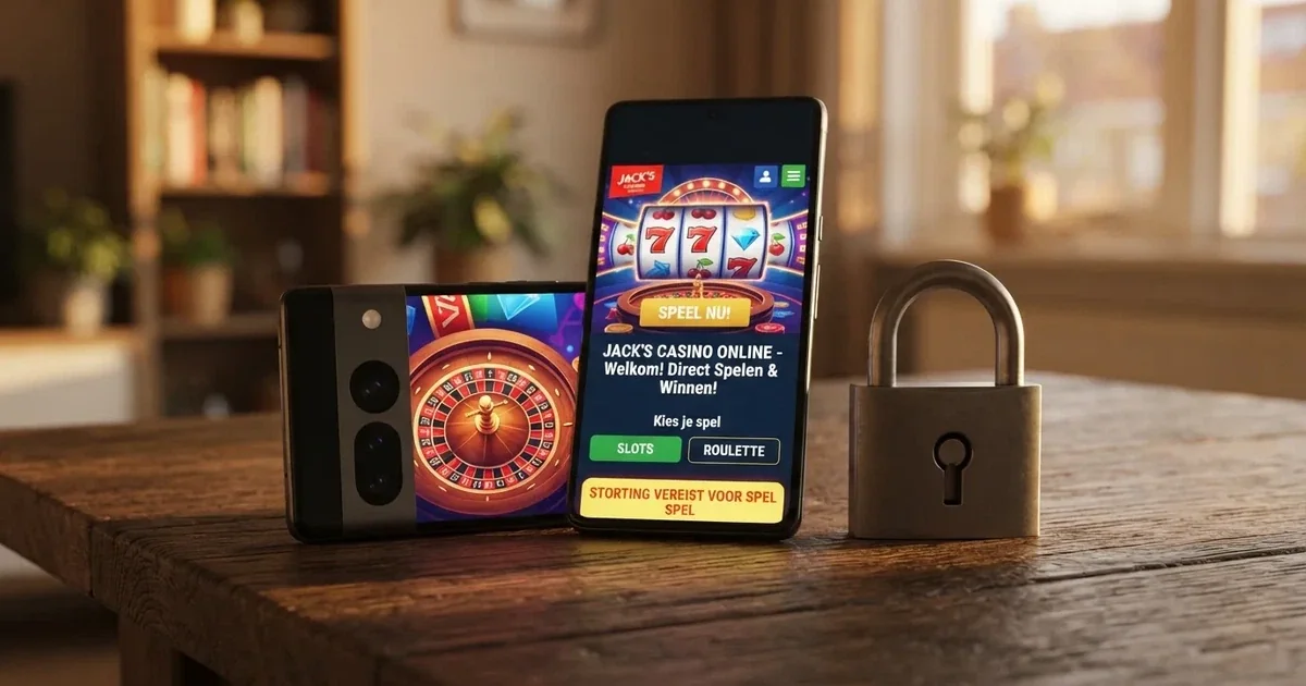 Een smartphone met het Klarna-logo en casino-elementen op het scherm, met een geblokkeerd slot-icoon naast de tekst “achteraf betalen”