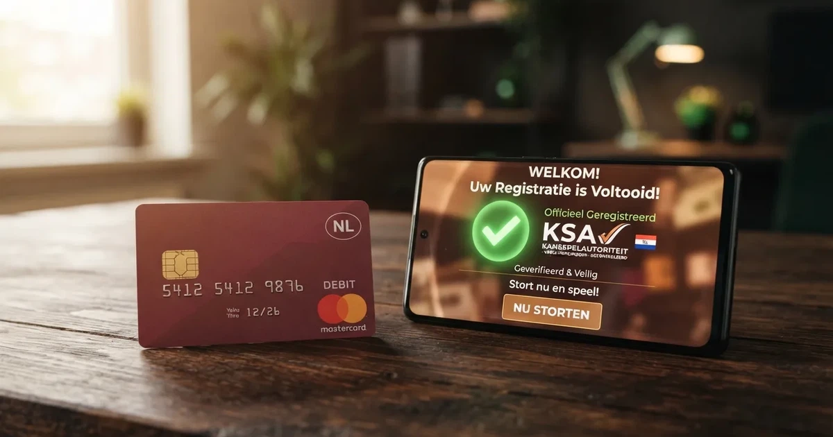 Een Nederlandse bankpas (Debit Mastercard) naast een smartphonescherm met een casino-welkomstpagina, met het Ksa-keurmerk zichtbaar