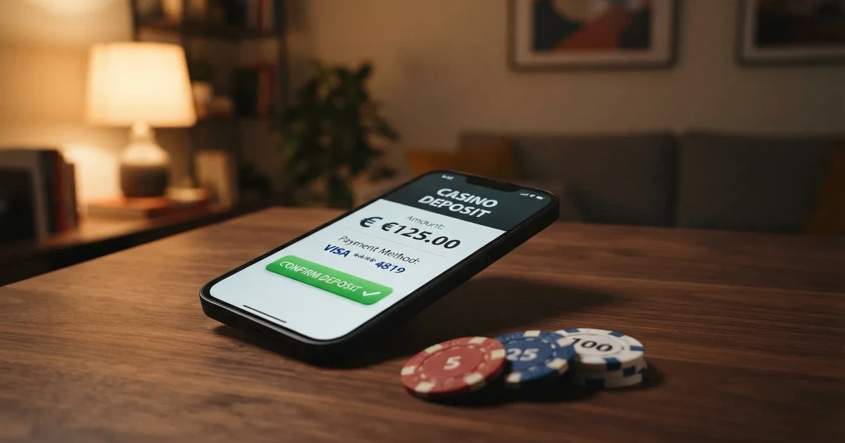 Het MiFinity-logo op een smartphone naast een casino-interface met stortingsopties in euro's