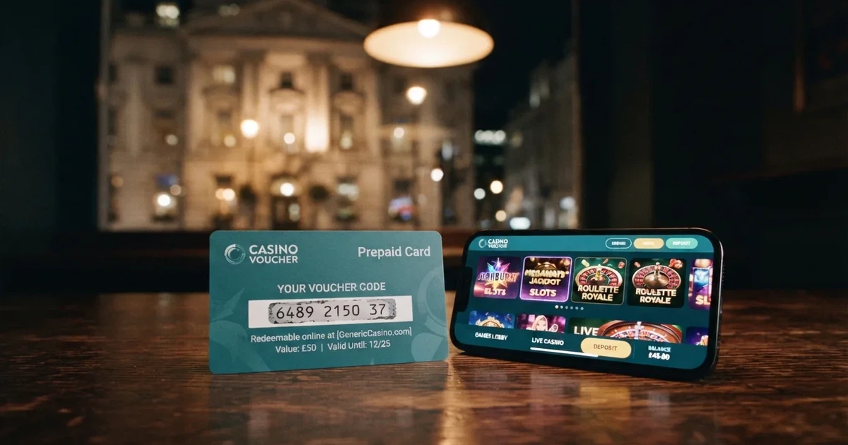 Een Neosurf-voucher van €20 naast een smartphone met een online casino-interface, met op de achtergrond het logo van de Kansspelautoriteit