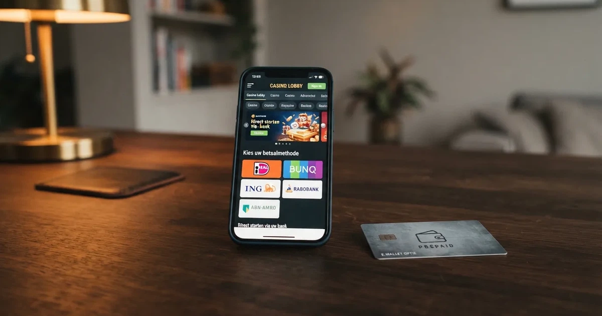 Een smartphone met het Neteller-logo naast een Nederlands online casino-scherm met iDEAL- en Trustly-opties, die het contrast tussen de geblokkeerde e-wallet en de wél werkende betaalmethoden laat zien.