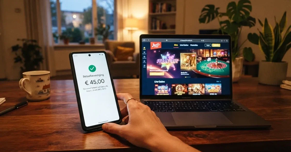 Een smartphone met het Nodapay-betaalscherm naast een geopend online casino op een laptop