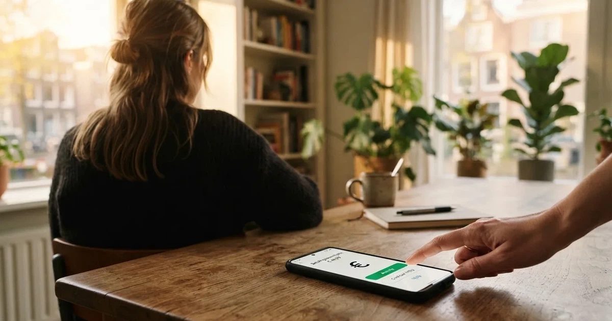 Een Nederlandse speler die met een smartphone een online casino opent, met op het scherm een betaalpagina waar Trustly en iDEAL als opties zichtbaar zijn