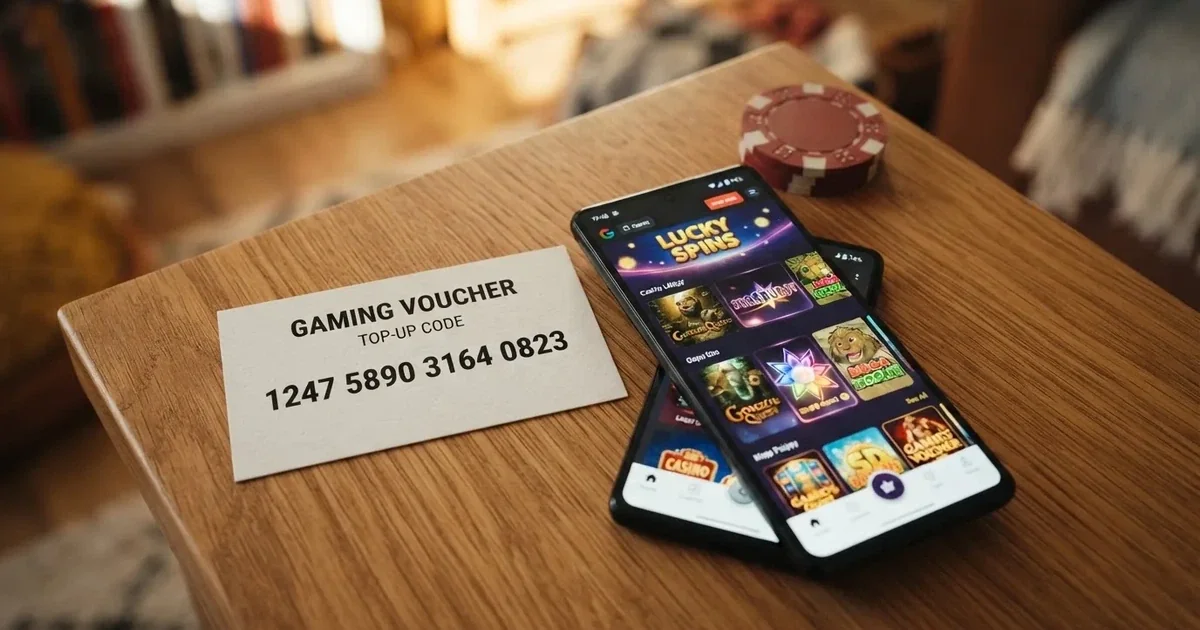 Een paysafecard-voucher met zichtbare 16-cijferige code naast een smartphone waarop een online casino staat geopend