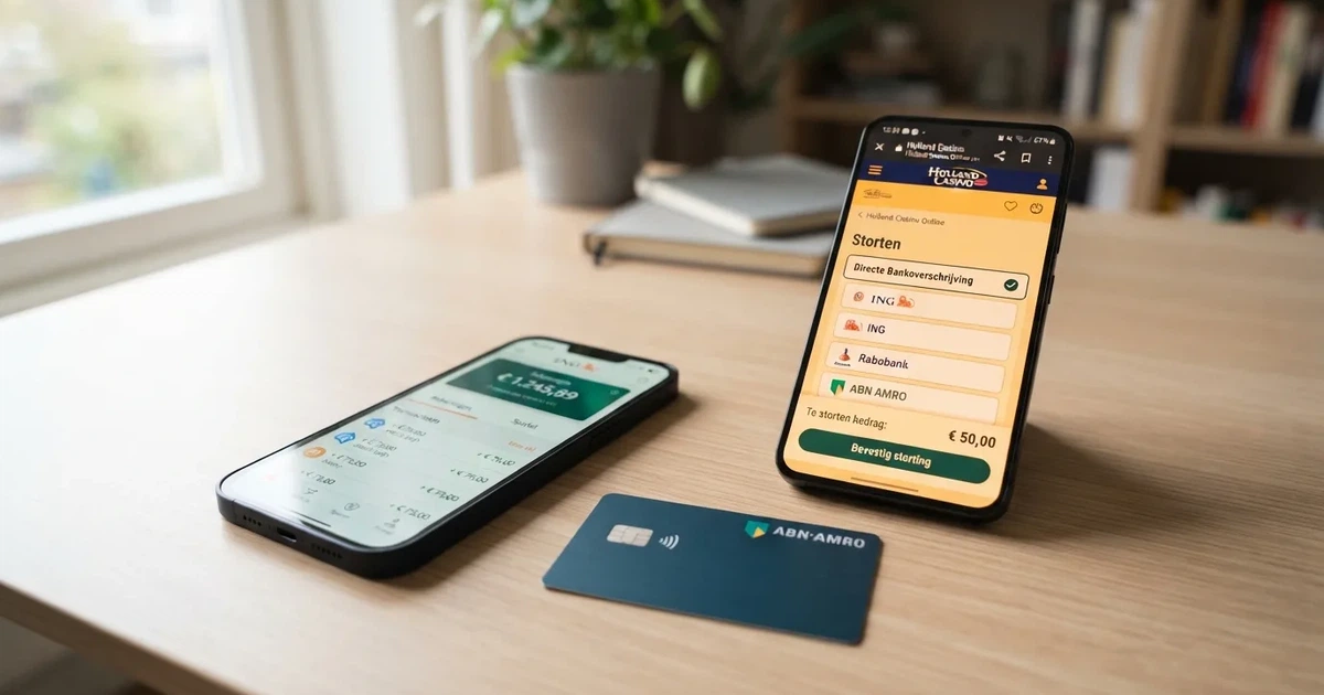 Een smartphone toont de Revolut-app naast het betaalscherm van een online casino, met een betaalpas ernaast.