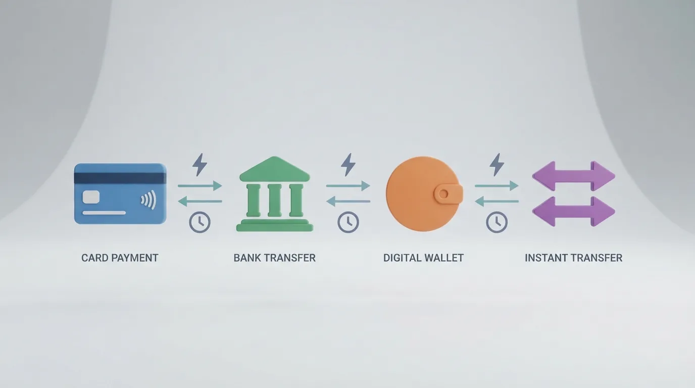 De logo's van iDEAL, Trustly, PayPal en bankoverschrijving naast elkaar, met snelheidsindicatoren en pijlen voor storten en uitbetalen