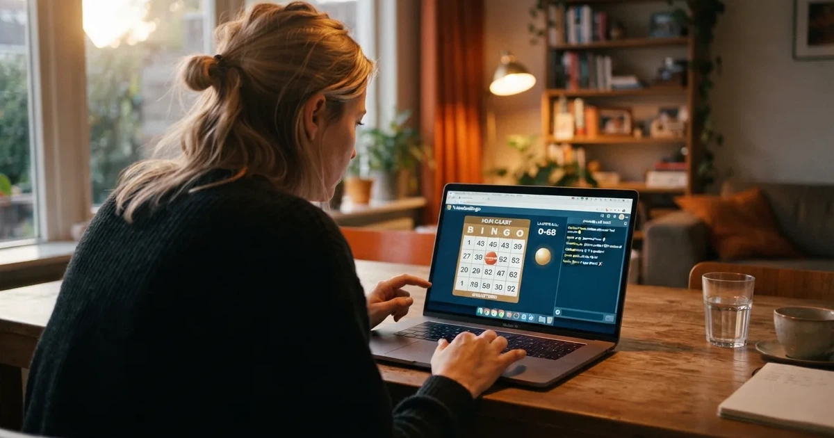 Een Nederlandse speler kijkt naar een bingokaart op het scherm van een laptop, met zichtbaar een bingokamer-interface met Nederlandse chat en getrokken nummers