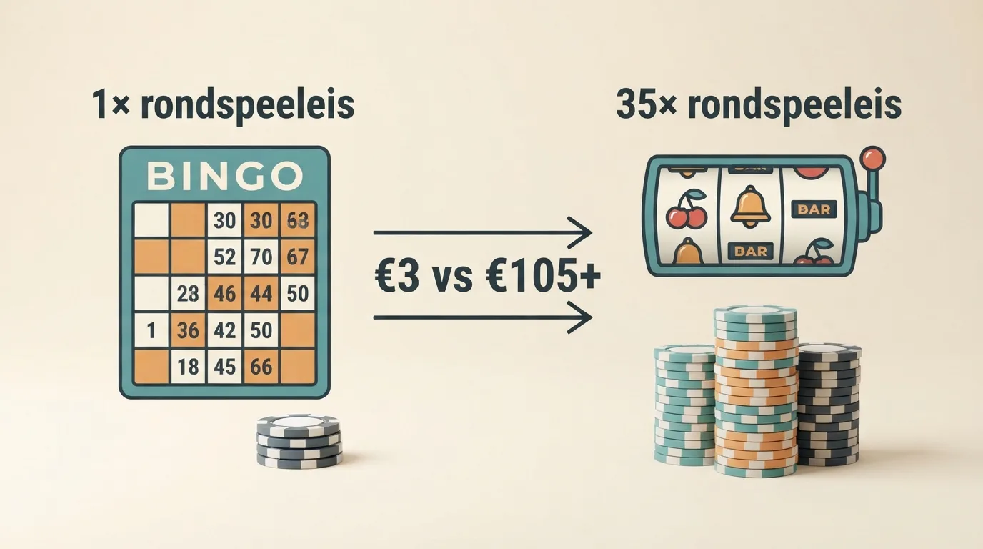 Een visuele vergelijking van bonusvoorwaarden — links een bingobonus met 1× rondspeeleis, rechts een casinobonus met 35×, met de berekening van het werkelijke kostenverschil ernaast