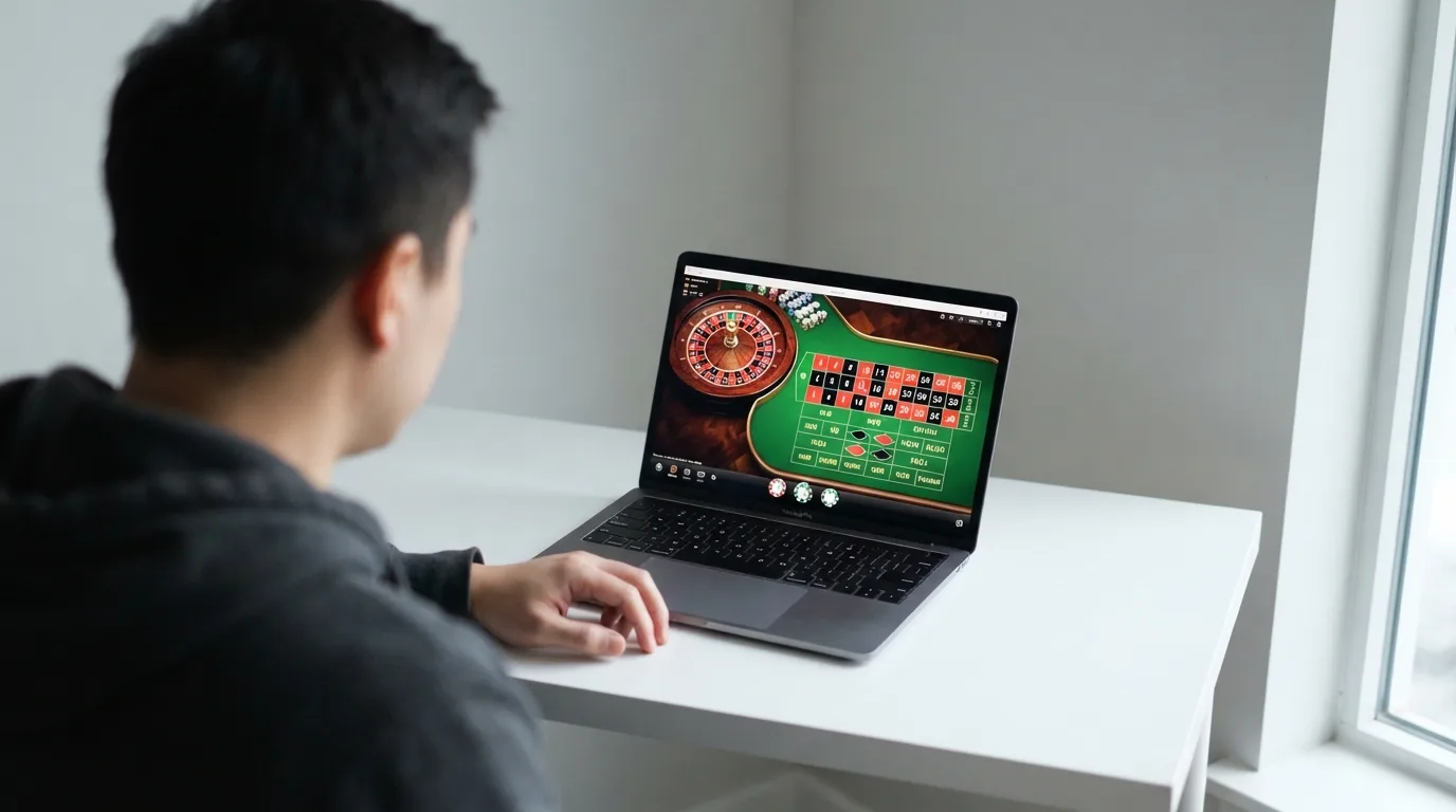 Een Nederlandse speler zit aan een laptop met een bitcoin-casinopagina en kijkt naar het scherm