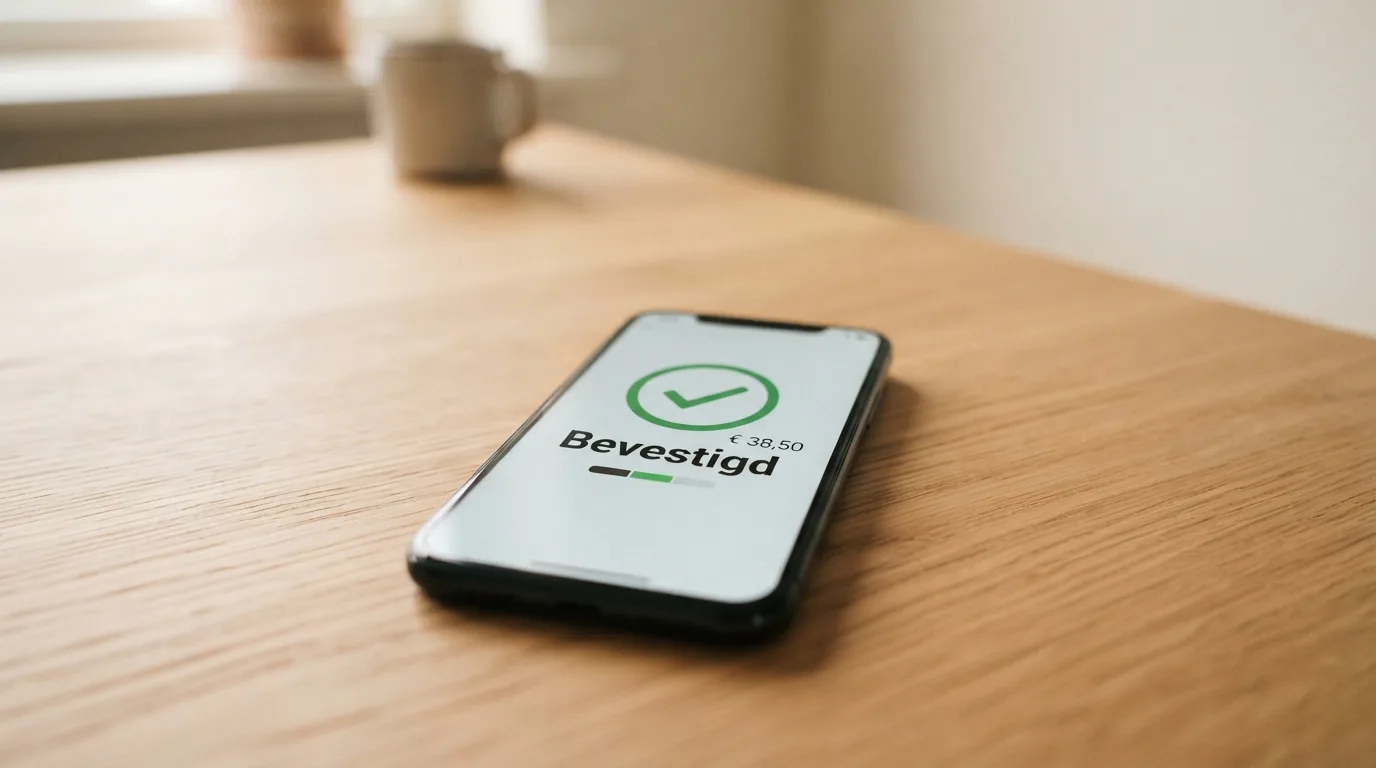 Een smartphone toont een bitcoin-transactie met bevestigingen op het scherm