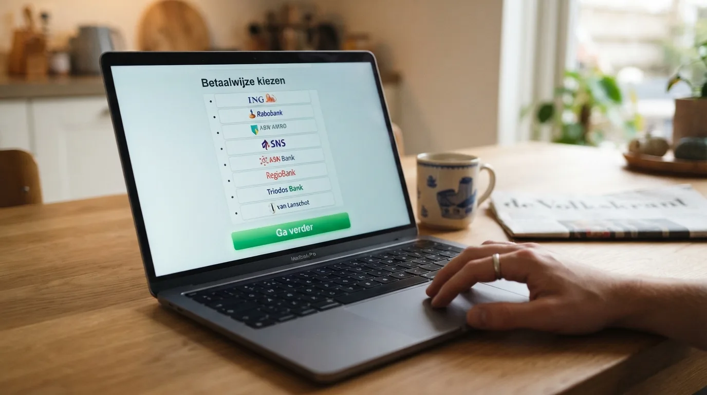 Een betaalscherm toont een keuzelijst met Nederlandse banken en een bevestigknop