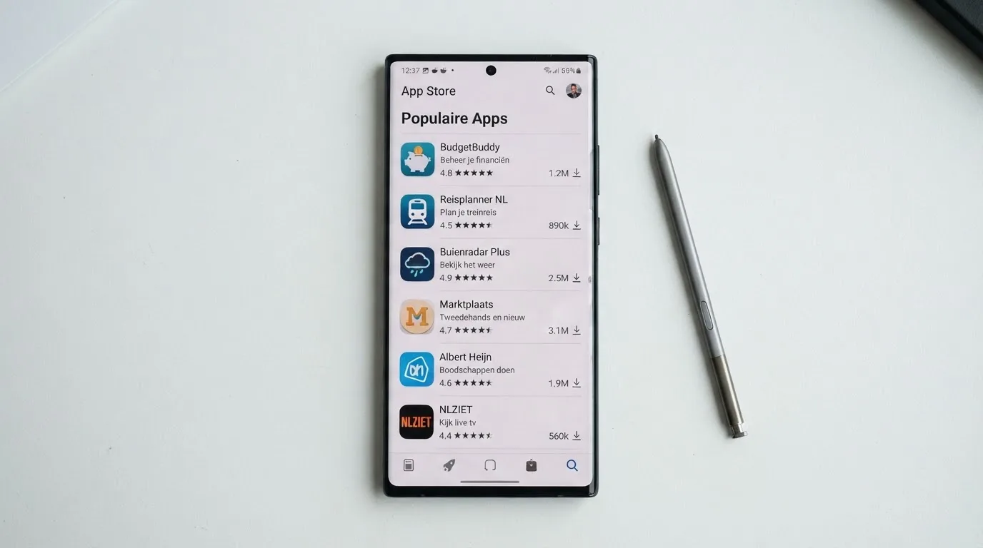 Een close-up van een smartphone-scherm met app-store beoordelingen, sterren en downloadcijfers zichtbaar
