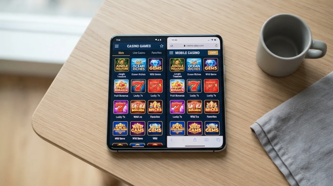 Een smartphone met twee geopende vensters naast elkaar: een casino-app en dezelfde casino-site in de mobiele browser