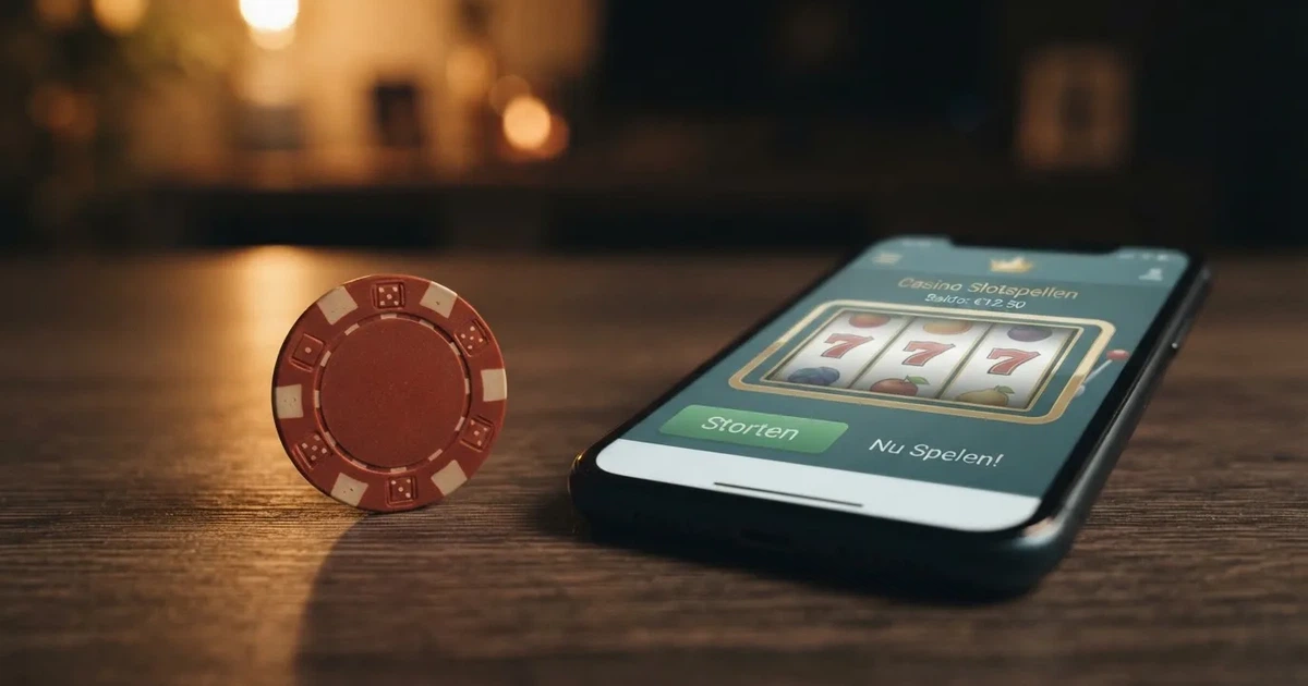 Een munt van €1 naast een smartphone met een online casinopagina