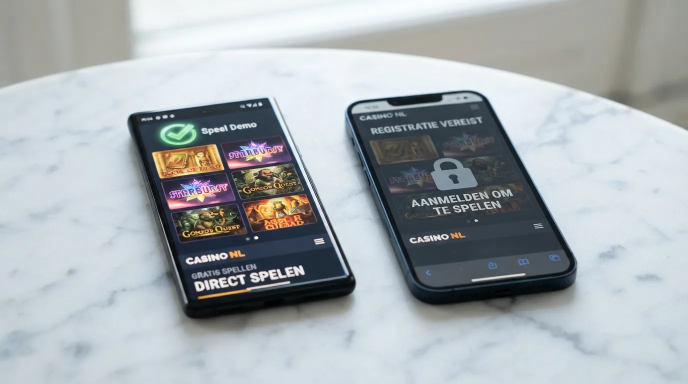 Twee smartphones naast elkaar met een casinovergelijking op de schermen