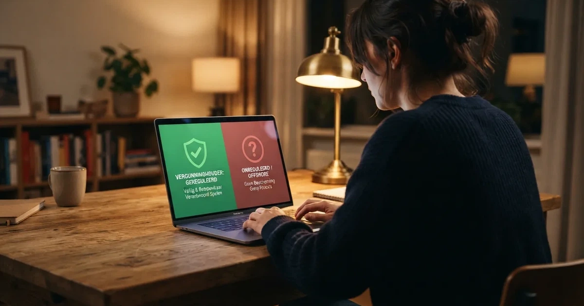 Persoon bij een laptop die twijfelt tussen een gereguleerd casino en een offshore aanbieder