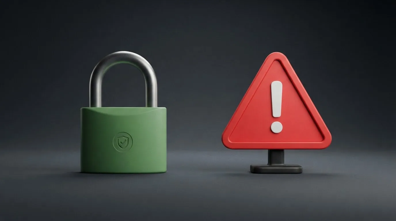 Een smartphone met een groen slot en een rood waarschuwingsteken naast elkaar