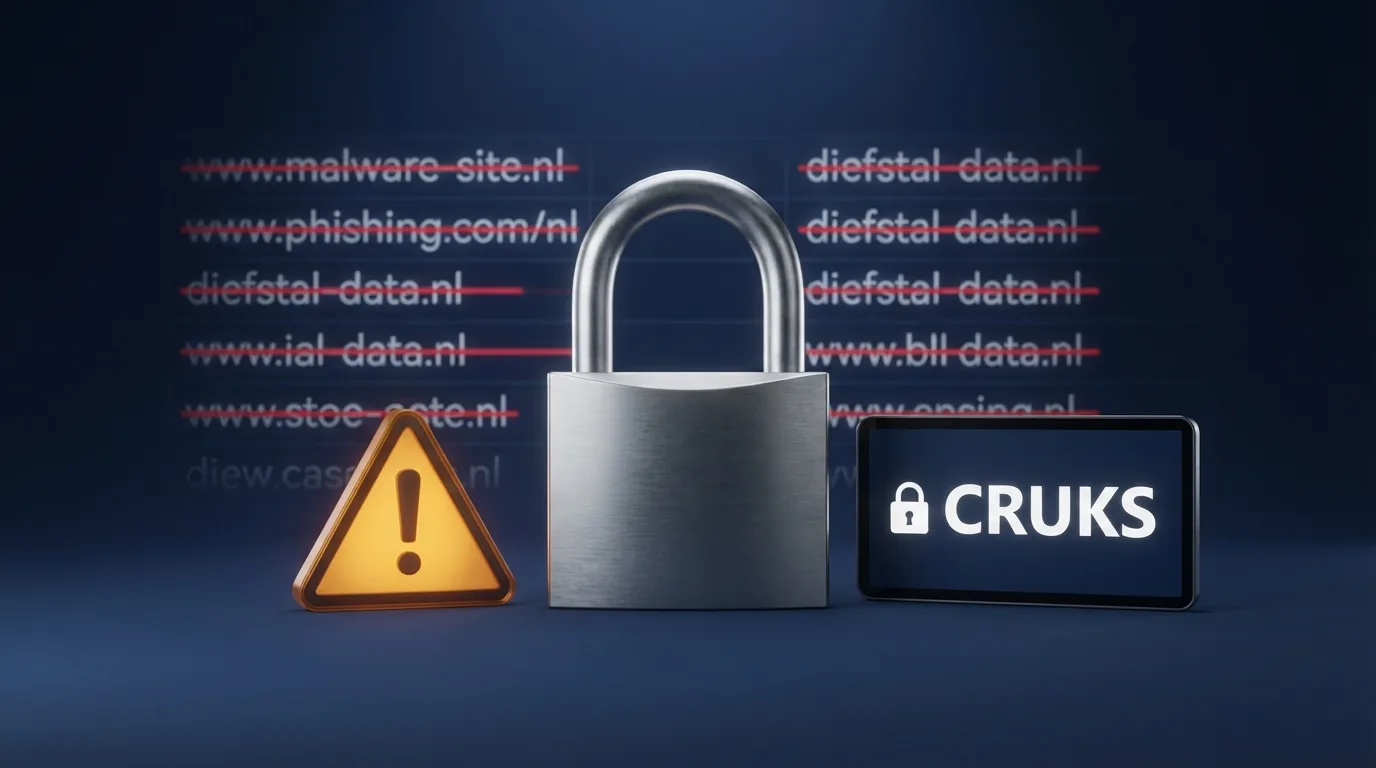 Een waarschuwingssymbool op een scherm met de tekst “Cruks” en een slot-icoon, naast een lijst met geblokkeerde casino-domeinen.
