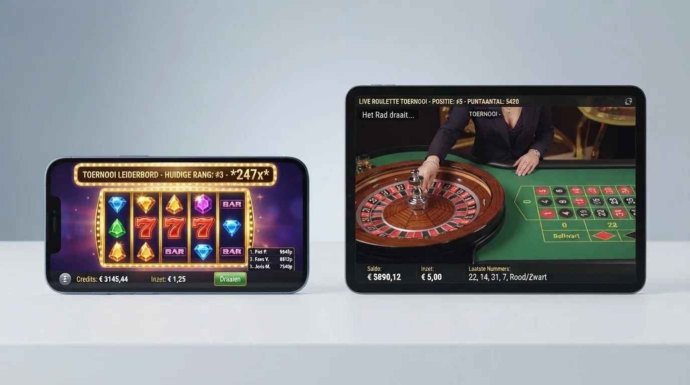 Twee casino-interfaces naast elkaar: links een gokkastenscherm met een multiplier van 247× in beeld, rechts een live roulettetafel met dealer en scorebord-overlay