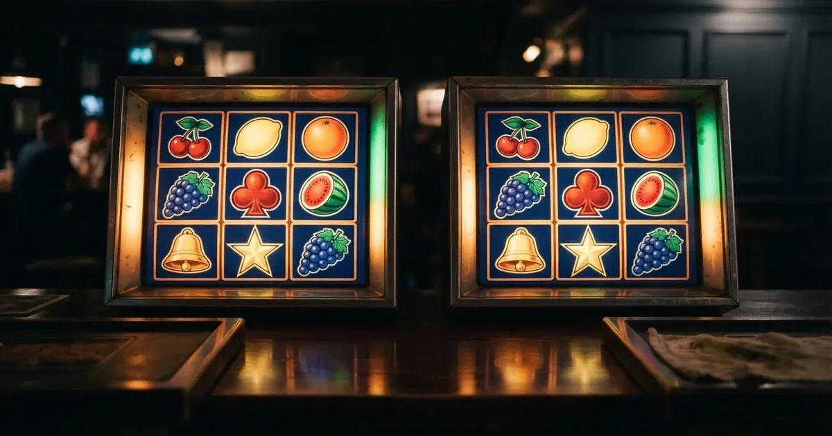 Twee naast elkaar geplaatste speelvelden van de Club 2000 Deluxe met fruitsymbolen en het Club-symbool