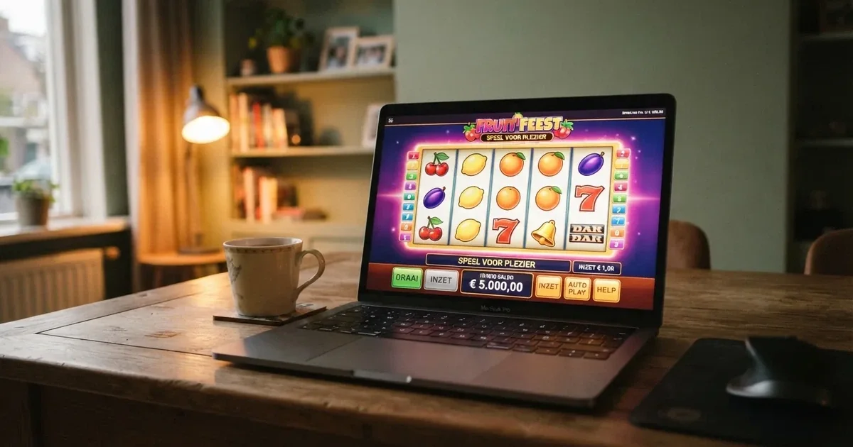 Gokkast in demo-modus met virtueel speelgeld op een laptopscherm