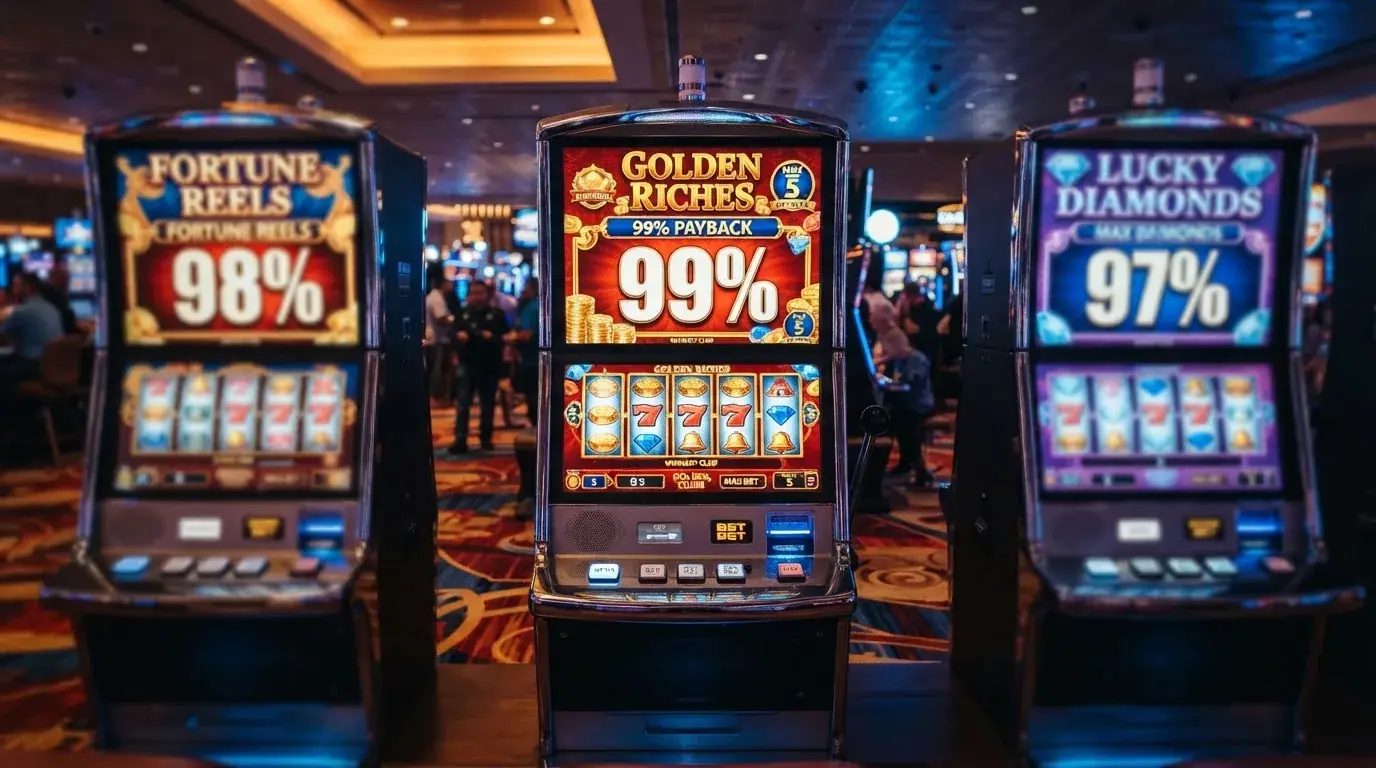 Een rij gokkasten waaronder Book of 99 en Mega Joker, beide met 99 procent RTP