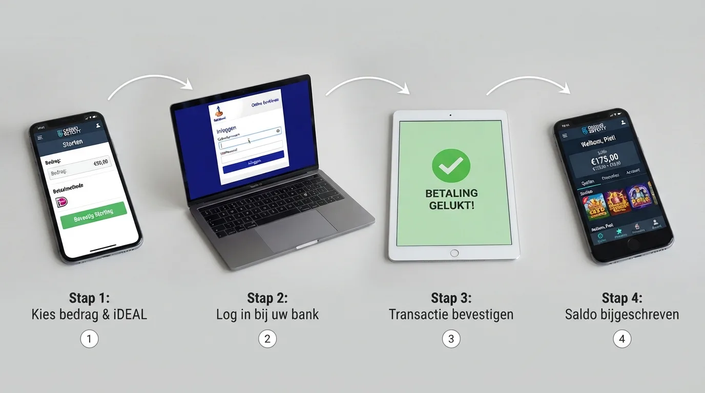 Een stappenschema van een Klarna/Sofort-storting: telefoon met Klarna-interface, bank-inlogscherm, bevestigingsvinkje, casino-saldo dat omhoog gaat